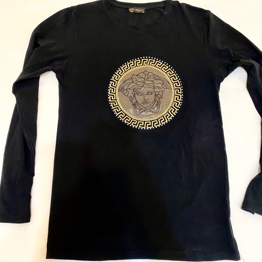 Versace Black Long Sleeve Tee with Gold Medusa Emblem